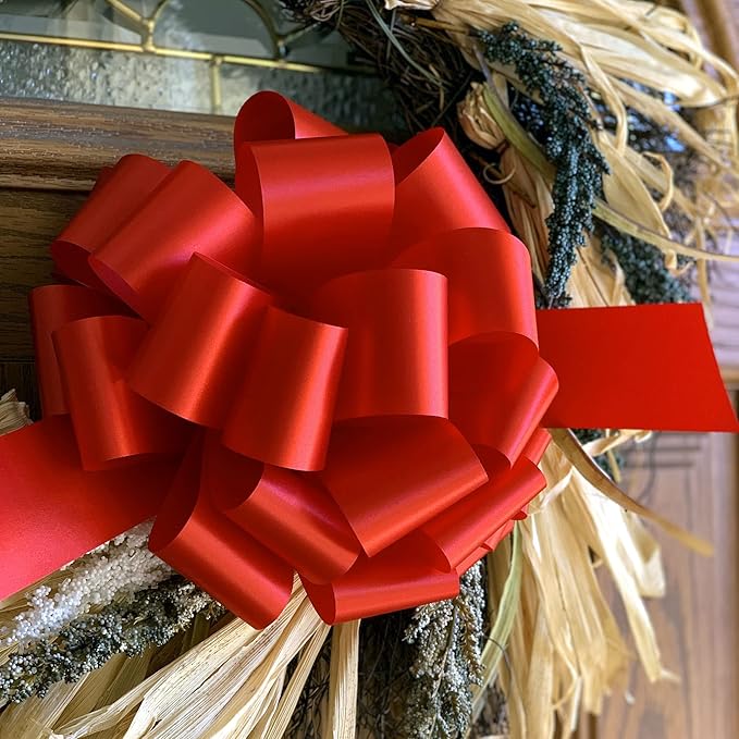 Large Red Ribbon Pull Bows - 9" Wide, Set of 6, Memorial Day, 4th of July, America 250 Anniversary, Mother's Day, Wreath, Fundraiser, Gift Basket, USA Patriotic Decor, Team Colors, Birthday
