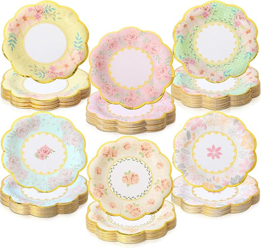 Maxcheck 120 Pcs 6 Inch Floral Paper Plates with Gold Rim Disposable Flower Plates for Tea Party Decorations Birthday Baby Shower Wedding Bridal Supplies