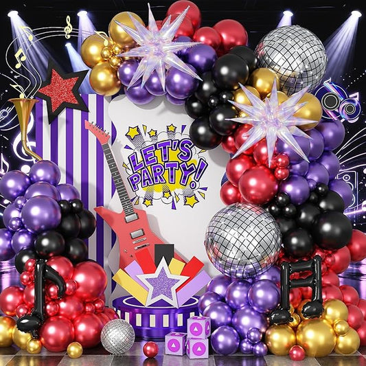 Disco Balloon Arch Kit, Metallic Chrome Red Purple Gold Black Kpop Balloon Garland with Foil Star Music Note Balloons for Kpop Music Decoration 80s 90s Disco Birthday Galaxy Theme Grad Prom Graduation