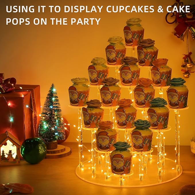 Cupcake Stand for 16 Cupcakes,Ideal Acrylic Cupcake Tower Stand with Yellow Lights,Cupcake Display Stands for Parties, Perfect Cupcake Holder for Dessert Tables.