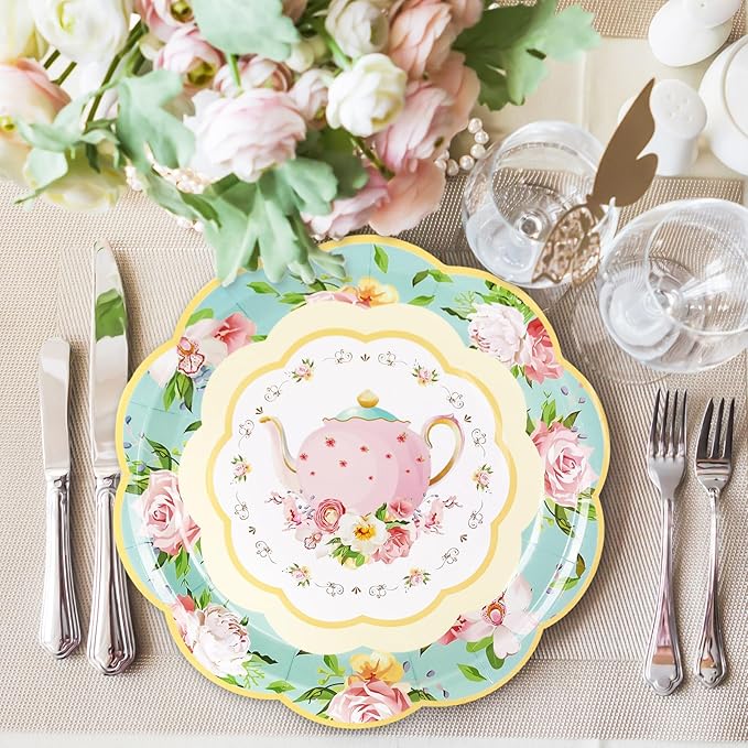 Whaline Spring Vintage Floral Paper Plates 9 Inch Tea Party Teapot Flower Disposable Salad Dessert Plates for Summer Birthday Wedding Baby Bride Shower Tableware Supplies 40Pcs