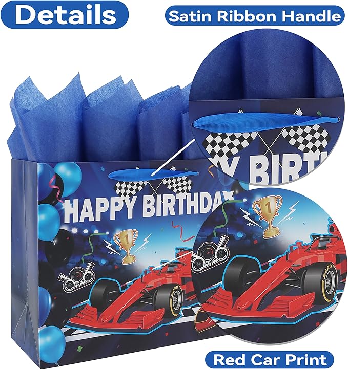 wishinside 13” Large Blue Birthday Gift Bag Set with Handles, Greeting Card, Tissue Papers and Stickers for Boys Men Kids Teens, Car Design, 1 Pcs