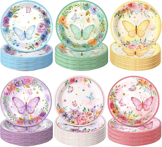 Funnymoom 60 Pcs 7 Inch Butterfly Birthday Party Plates Floral Paper Plates Spring Butterfly Party Disposable Dinnerware Decoration for Baby Shower Bridal Wedding Supplies