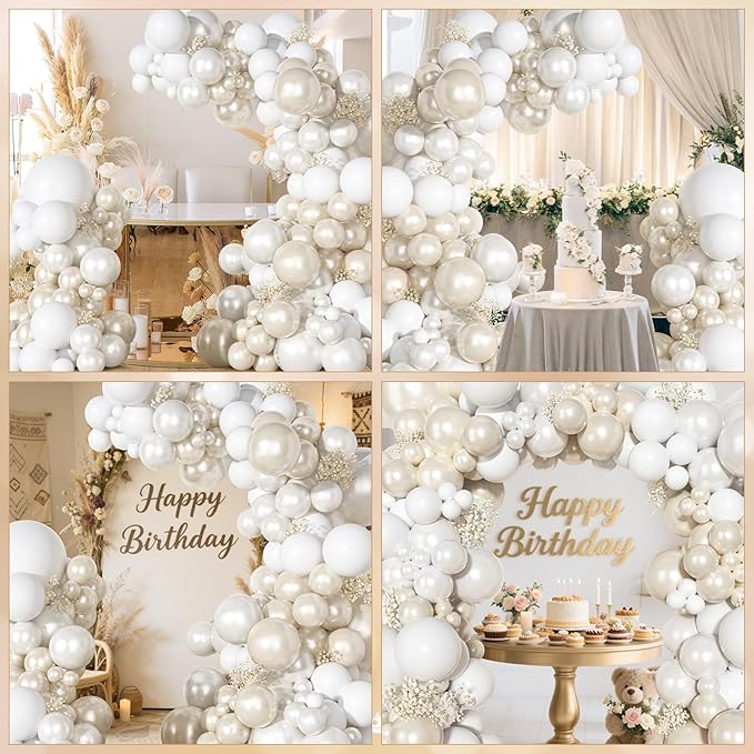 Ouddy Party Pearl White Balloon Garland Arch Kit, Different Sizes 18 12 10 5 Inch Double Stuffed Pearl Sand White Cream Ivory Latex Confetti Balloon for Wedding Bridal Shower Birthday Party Decoration