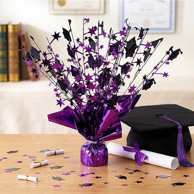 6 Packs Graduation Decorations Centerpieces for Tables Metallic Foil Star Graduate Cap Burst Tabletop Display in Purple and Black for Grad Ceremonies Celebrations Party Decor Supplies 12 (Purple)