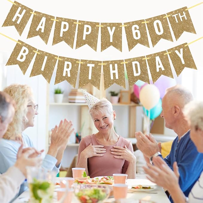 Netnology Pre-Strung Gold Happy 60th Birthday Banner Decorations,12 ft No DIY Gold Glitter 60th Birthday Party Banner Sign Decor for Women Men Girl Boy Party Supplies