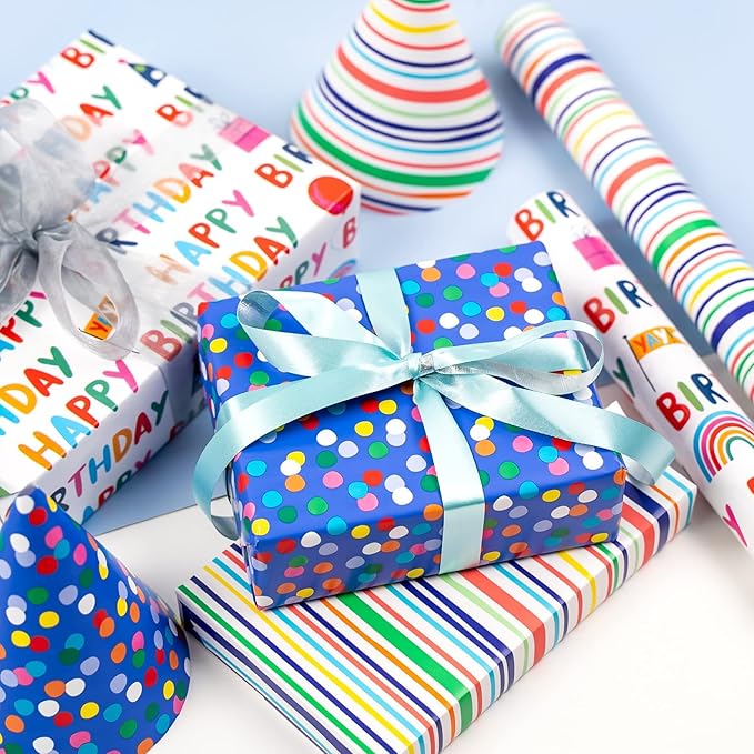 MAYPLUSS Birthday Wrapping Paper Roll - Mini Roll - 17 inch X 120 inch Per roll - Polka dots, Stripes Patterns (42.3 sq.ft.ttl)