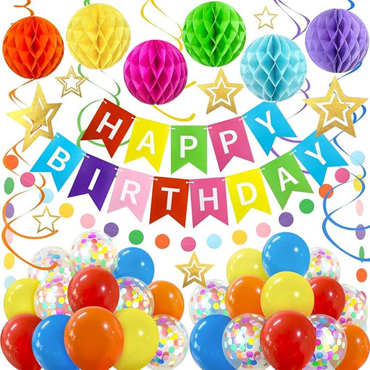 ZERODECO Birthday Decorations, Easy to Assemble Colorful Happy Birthday Banner with Honeycomb Ball, Balloon, Hanging Swirl Streamer, Garland, Happy Birthday Party Decorations for Women Girls Kids