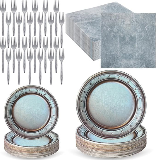 Jingmore 96 Pcs Medieval Party Supplies Disposable Paper Pewter Tableware Set for Castle Pirate Birthday Party Vintage Dinner Round Silver Grey Paper Plates Napkins Fork