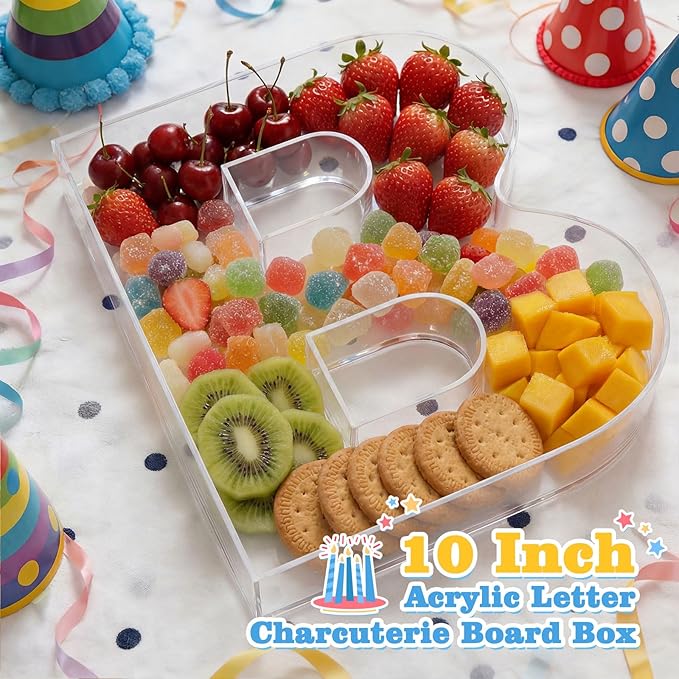 Ledido 10’’ Acrylic Letter Charcuterie Board Box, Reusable Fillable Serving Tray for Candy Cake Fruit Snack, Easy-Clean Acrylic Charcuterie Tray for Birthday Anniversary Party Decorations, Letter B