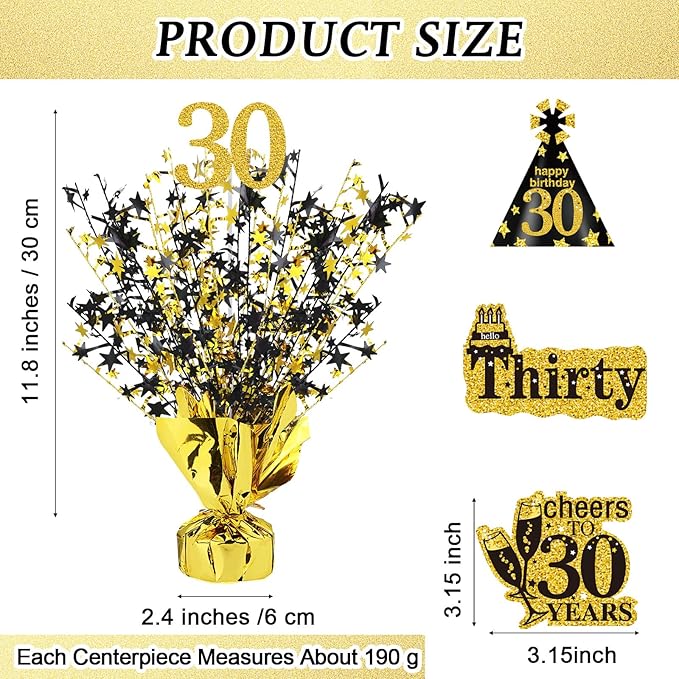 Tatuo 4 Pcs Metallic Foil Spray Centerpiece Happy 30th 40th 50th 60th Years Centerpiece Table Decorations for Black and Gold Birthday Anniversary Wedding Party Table Decor(30th Birthday)