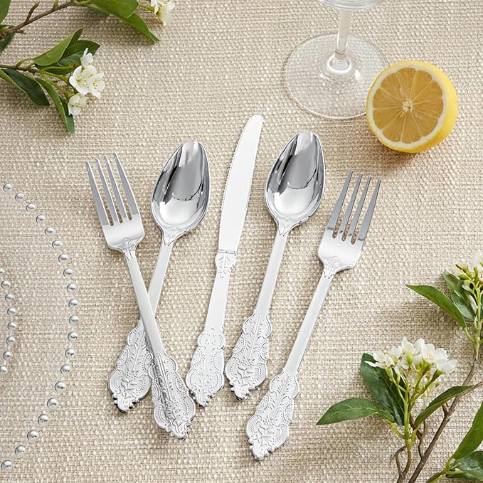Supernal 360pcs Silver Plastic Silverware Set with Embossed Handles,Vintage Heavy Duty Baroque Disposable Cutlery (120 Forks, 120 Spoons, 120 Knives) | Elegant Utensils for Wedding, Party,Anniversary