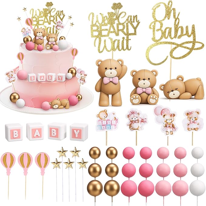 Beeveer 42 Pcs Bear Cake Toppers Bear Balls Cake Decorations Baby Shower Cupcake Toppers Candle Decorations Supplies for Birthday Party Wedding Baby Shower(Pink)