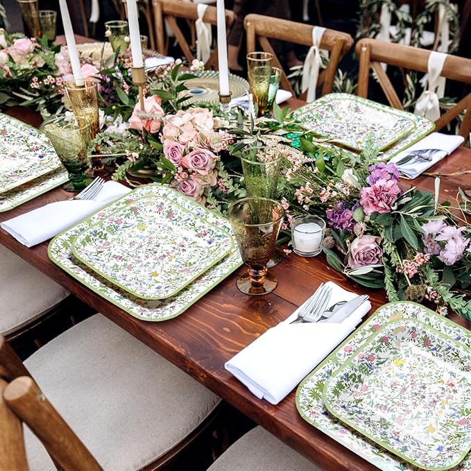 Umigy 100 Pcs Paper Plates Flower Dinner 9'' Floral Disposable Paper Plates 7'' Square Dessert Set for Dinner Birthday Wedding Baby Shower Party Tableware(Green,Wildflower)