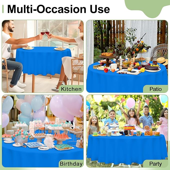misaya 6 Packs Disposable Plastic Table Cloth, 84" Round Waterproof Tablecloth, Leakproof & Sturdy Decorative Table Covers for Picnic, Party and Outdoor, Blue