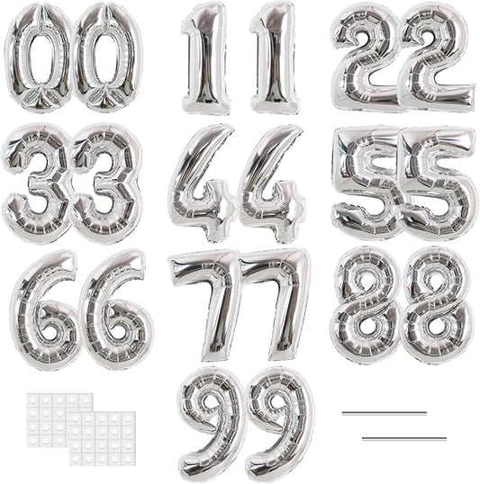TONIFUL Number Balloons 16 Inch Fat Silver 2 Set 0-9 Number Mylar Foil Balloons 20 Pcs Custom digitalal for 2026 New Year Eve Birthday Party Engagement Graduations Anniversary Baby Shower Decor