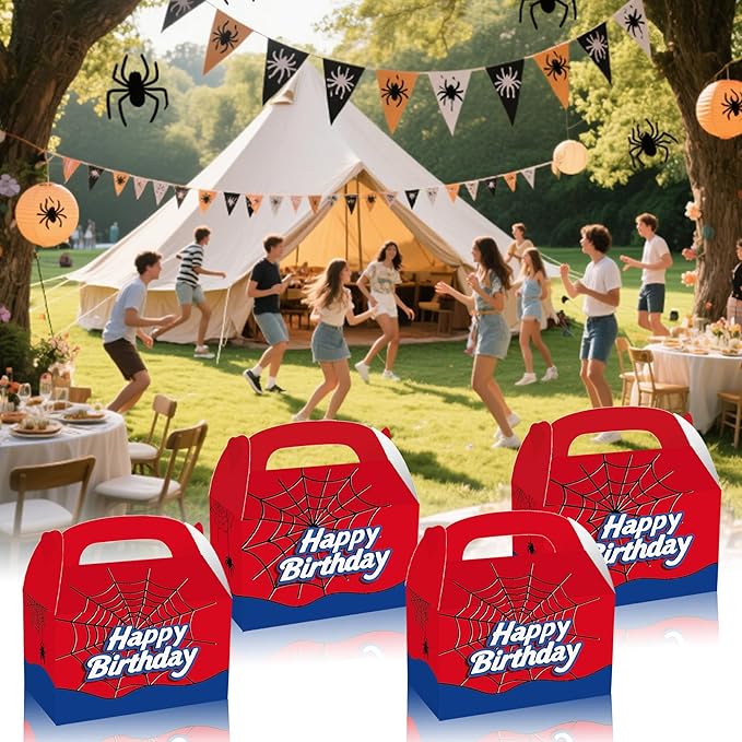 FLOLUVZ 16 PCS Spider Birthday Party Favor Treat Boxes, Spider Goodie Boxes Gift Bags, Gable Candy Box for Cartoon Themed Birthday Party Supplies Decorations
