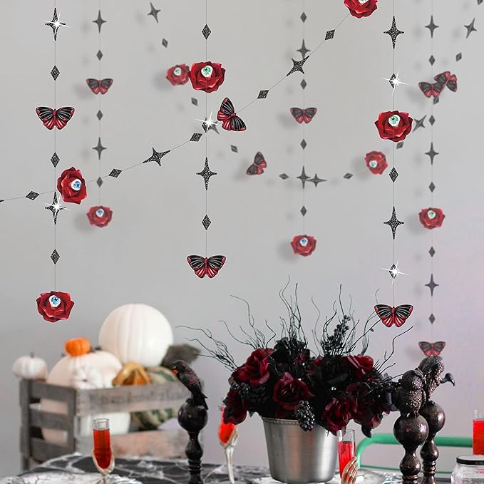 Cheerland Gothic Valentines Day Decorations Red Rose Goth Birthday Party Blood Butterfly Garland for Dark Garden Vampire Parties Romantic Floral Decor Elegant Horror Theme Dark Bride or Die Halloween