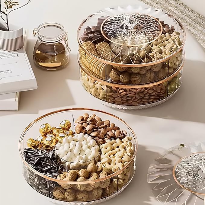 AVLA Rotating Snack Tray with Lid, 11.5" Plastic Divided Serving Dishes, Round Appetizer Platter, 6 Compartments Food Storage Organizer for Dried Fruits, Nuts, Candies, Veggie, Cookies(Clear)