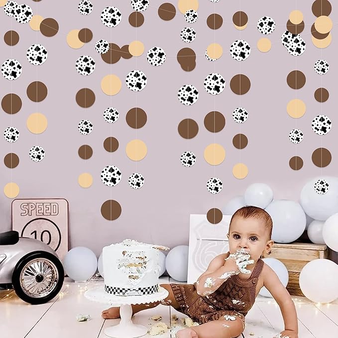Western Cowboy Party Decorations Brown Khaki Circle Dot with Cow Printed Polka Dots Garland Streamer for My First Rodeo Birthday Baby Shower Wedding Engagement Bachelorette Party Decorations Supplies