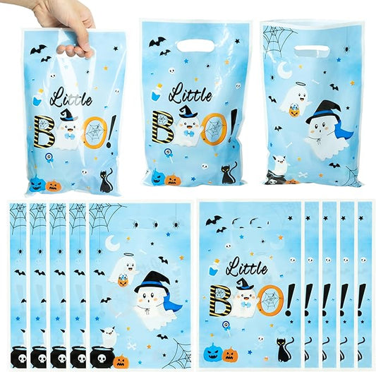 Haooryx Bule Little Boo Favor Bags - 50Pcs Halloween Little Ghost Plastic Gift Bag Birthday Party Gift Warp Goodie Candy Treat Bags for Halloween Party Kids Boy Birthday Baby Shower Party Favor Supply