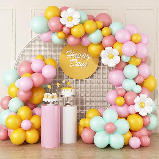 Daisy Balloon Garland Arch Kit,Retro Yellow Pink Green Hippie Boho Balloons Garland Daisy Flower Balloons For Birthday Baby Shower Bridal Wedding Groovy Daisy Party Decorations