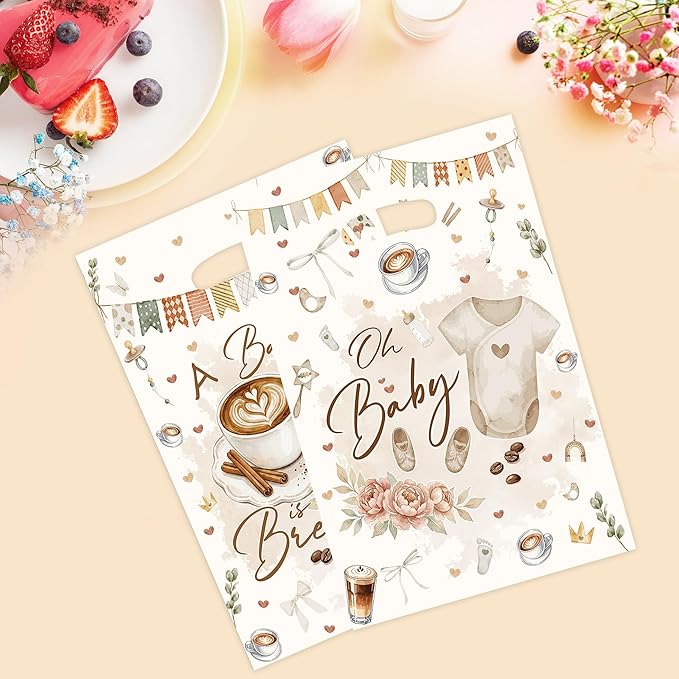 MOIZYNG A Baby is Brewing Baby Shower Decorations, 50Pcs Coffee Themed Baby Shower Plastic Snack Treat Goodie Gift Bags with Handles for Welcome Baby Gender Reveal Decor Supplies