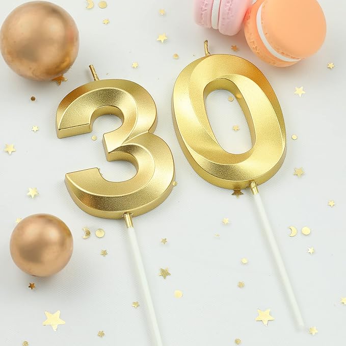 2.76 Inch Diamond Gold 30 Number Birthday Candles, Gold and Cake Number Candles for Party Celebration