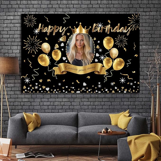 Custom Black Gold Crown Happy Birthday Banner Backdrop Personalized Happy Birthday Golden Balloon Diamond Backgroud Party Indoor Outdoor Car Decoration Supplies for Man Women (5x7.5ft)