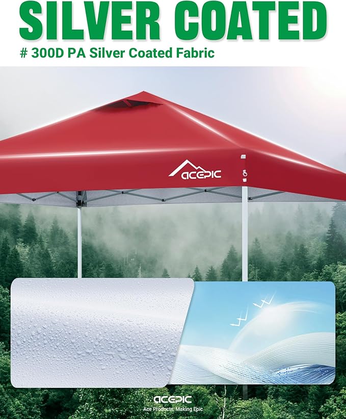 Acepic 10x10 Pop Up Canopy Tent,300D Silver-Coating Top,Pop Up Canopy Tent Instant Portable Shelter with 1-Button Push and Wheel Carry Bag, 8 Stakes and 4 Canopy Weights (Lava Red, 10x10)