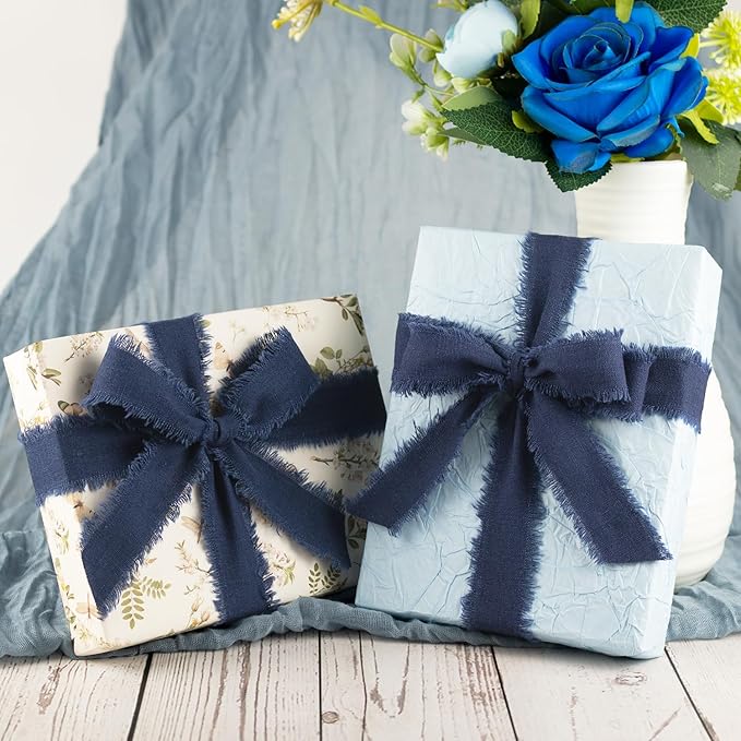 Navy Blue Cotton Ribbon 1 Inch Navy Blue 3 Rolls 21 Yards Frayed Edge Fabric Set for Formal Wedding Decor, Graduation Party, Gift Wrapping, Patriotic Party & Memorial Day