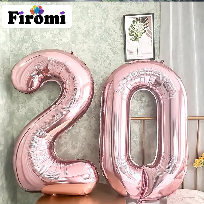 FIROMI 20 Foil Number Balloons Rose Gold 40-inch Big Giant Jumbo Mylar 20 Balloon Numbers for 20th Birthday Party Anniversary Decorations
