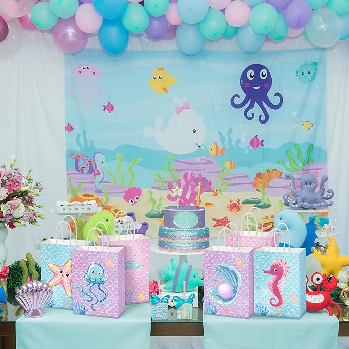 Outus 24 Pcs Mermaid Birthday Party Favor Bags Mermaid Gift Goodie Treat Candy Bags Under the Sea Gift Wrap for Kids Princess Baby Shower Party Supplies