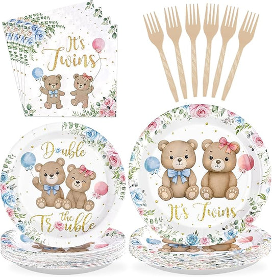 96Pcs Twin Baby Shower Party Decorations Twin Bear Paper Plates and Napkins It's Twins Double the Trouble Disposable Tableware Set for Twins Gender Reveal Boys Girls Birthday Party Supplies, Serve 24