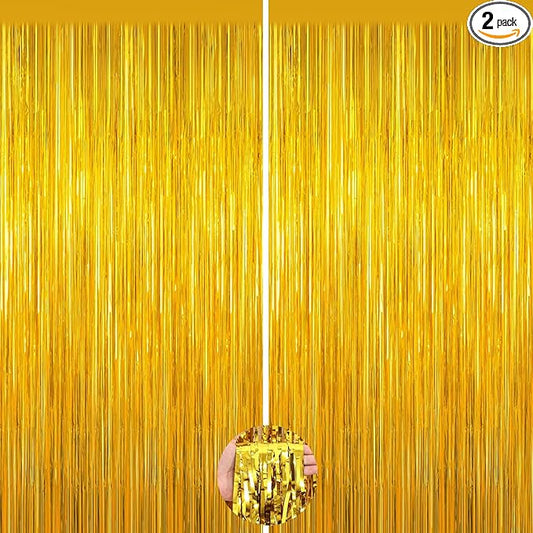 Gold Tinsel Backdrop Birthday Decorations, 2Pack Foil Curtain Backdrop Gold Streamers Dance Party Decorations Photo Booth Props for Bachelorette Decors Christmas Halloween New Years Eve Party Supplies
