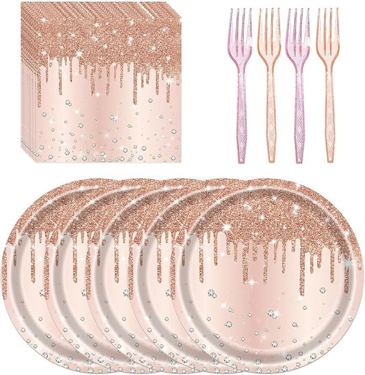 72 Pcs Rose Glitter Paper Plates 7in Disposable Dinner Plates Napkins and Forks Party Tableware Set Decoration Supplies for Girls Birthday Bridal Shower Wedding Ceremonies Anniversary Party, Serve 24