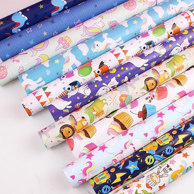 SIWRIOM Gift Wrapping Paper 10 Pack - Large 28 x 20 Inch Gift Wrap Sheets Happy Birthday Cartoon Pattern Designs for All Festive Present Decorations