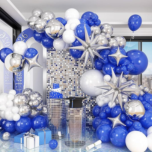 HILAVO Blue White Silver Balloon Arch Kit with Explosion Star 4D Silver Foil Balloons Royal Blue Metallic Silver White Balloon Garland for Blue 2026 Graduation Decoration Birthday Baby Shower Party