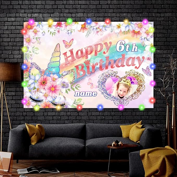 Dicodes Custom Unicorn Birthday Decorations for Girls,Personalization Unicorn Birthday Banner,Unicorn Theme Princess Birthday Decorations for Girls, 4x6ft/5x7.5ft/6x9ft/7x10.5ft/8x12ft