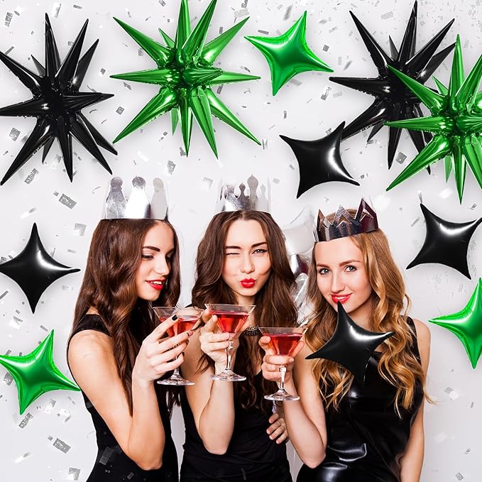 TONIFUL 22Inch 18Pcs Black Green Large Explosion Star Mylar Balloons and 10Inch Four Pointed Star Balloons Set for Christmas New Year Birthday Wedding Bridal Shower Anniversary Photo Booth Supplies