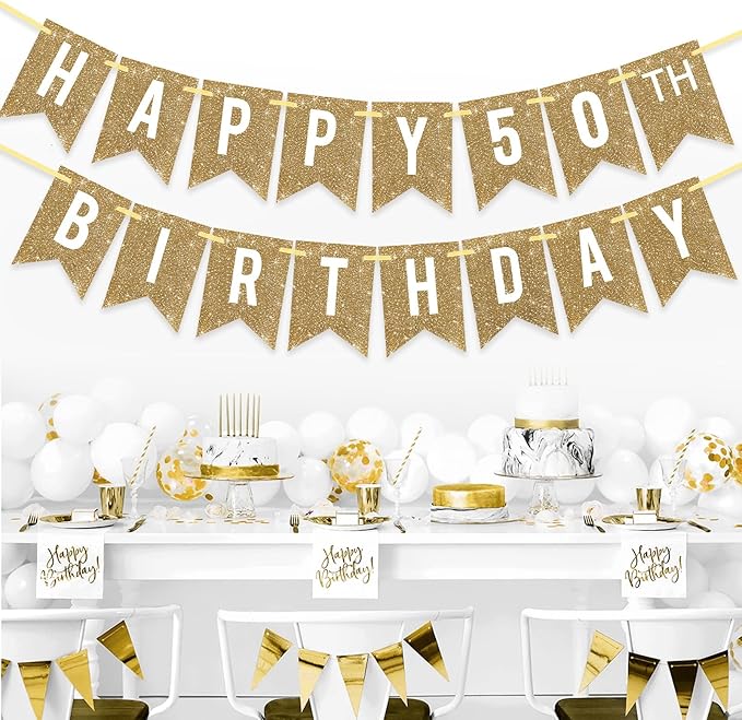 Netnology Pre-Strung Gold Happy 50th Birthday Banner Decorations,12 ft No DIY Gold Glitter 50th Birthday Party Banner Sign Decor for Women Men Girl Boy Party Supplies