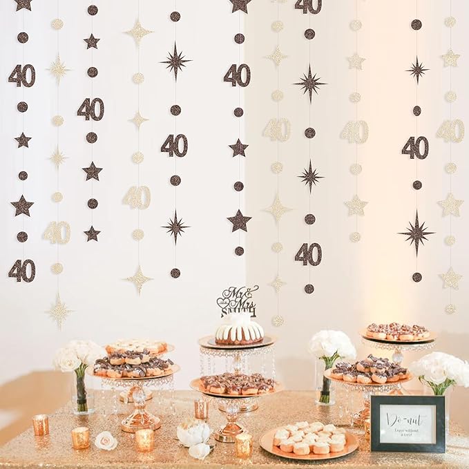 Champagne Gold Brown 40th Birthday Decorations Number 40 Circle Dot Star Garland Streamer Banner Backdrop for Women Men Forty Fabulous Cheers to 40 Years Old Birthday 40th Anniversary Party Supplies