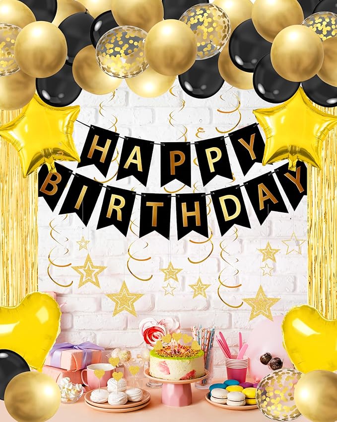 Lutoys Black Gold Happy Birthday Party Decorations, Happy Birthday Banner, Black Gold Foil Heart Star Confetti Balloons Curtain Backdrop Hanging Swirls Party Decor for Boys Men