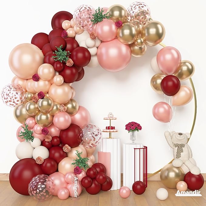 Amandir 153pcs Burgundy Balloons Arch Garland Kit Different Sizes 18 12 10 5 Inch Pearl Champagne Rose Gold Confetti White Maroon Balloon Mothers Wedding Birthday Bridal Graduation Party Decorations