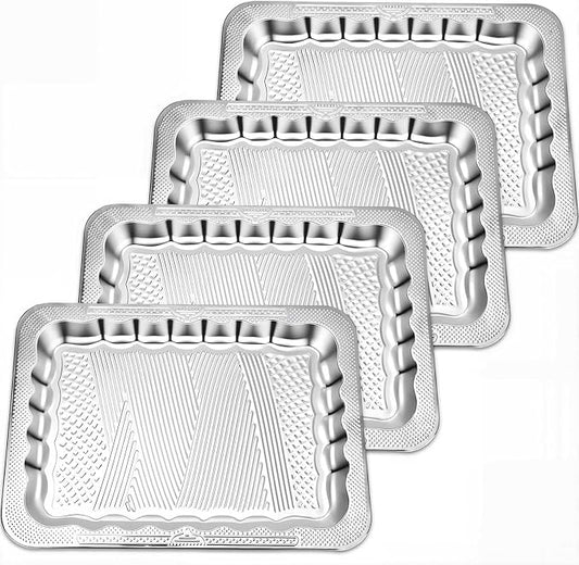 4 Pack 15.8" x 11.6" Large Silver Serving Trays for Dessert Table Stainless Steel Platters Floral Engraved Mirror Serving Platters for Wedding, Desserts, Party Food Display (Retro)