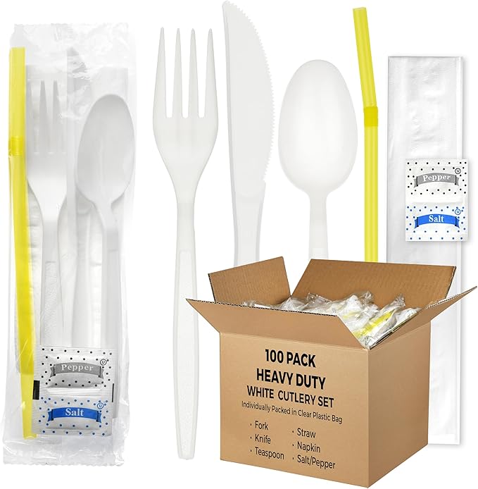 100 pack | Individually wrapped Cutlery set | White Heavy Duty Cutlery | Utensil set with Fork, spoon, knife, Napkin, Straw and Salt/Pepper packets (6 in 1) | Plastic Disposable Flatware Cutlery Kits