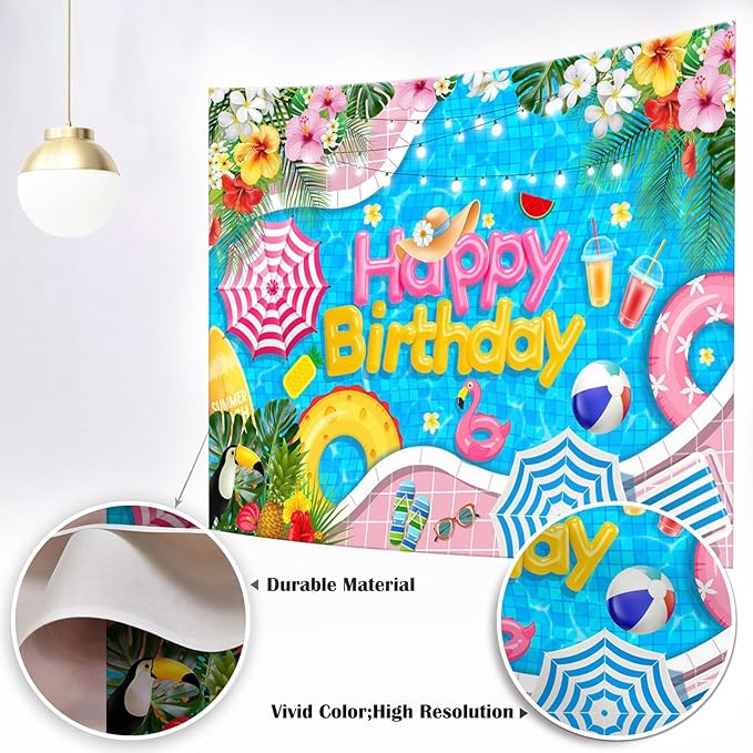 Mocsicka Summer Pool Birthday Party Backdrop Swimming for Happy Birthday Party Decorations Floral Lifebuoy Fruit Water Flamingo Photography Background (Blue, 8x6ft(96''x72''))