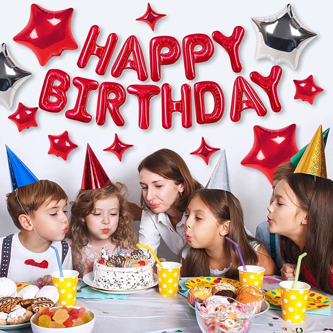 CANREVEL Happy Birthday Banner 13pcs 16 Inch Mylar Foil Letters with 12pcs Star Balloons Birthday Party Decorations for Kids and Adults - 3D Red