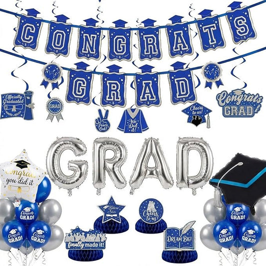 Royal blue Silver Balloon Garland Arch Kit with backdrop Stars Graduation Cap crown GRAD Letters Mylar Balloons for 2026 graduate Prom Decorationss