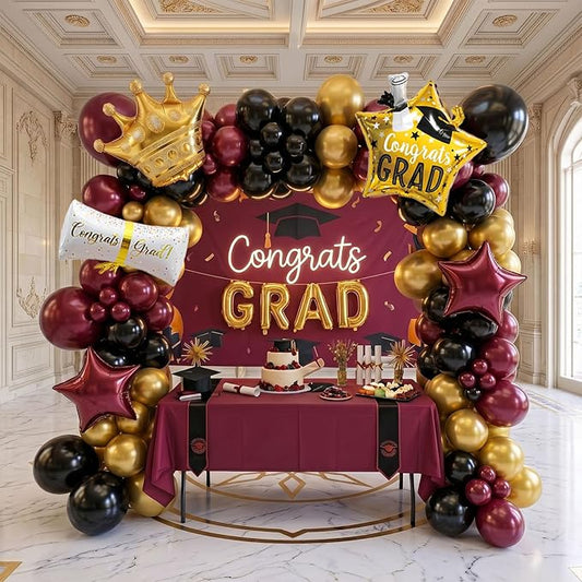 Elegant Burgundy Black Gold Graduation Balloon Garland Kit with foil graduation caps diplomas GRAD letters wine red stars and crowns Balloons for Maroon Class of 2026 Graduates Party Decorations